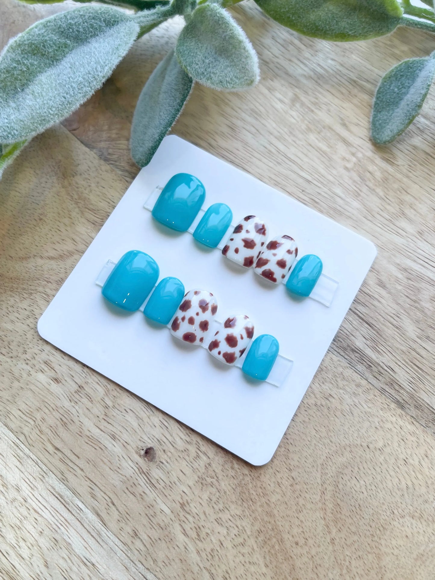 Teal and Cow Print Press-on Nails
