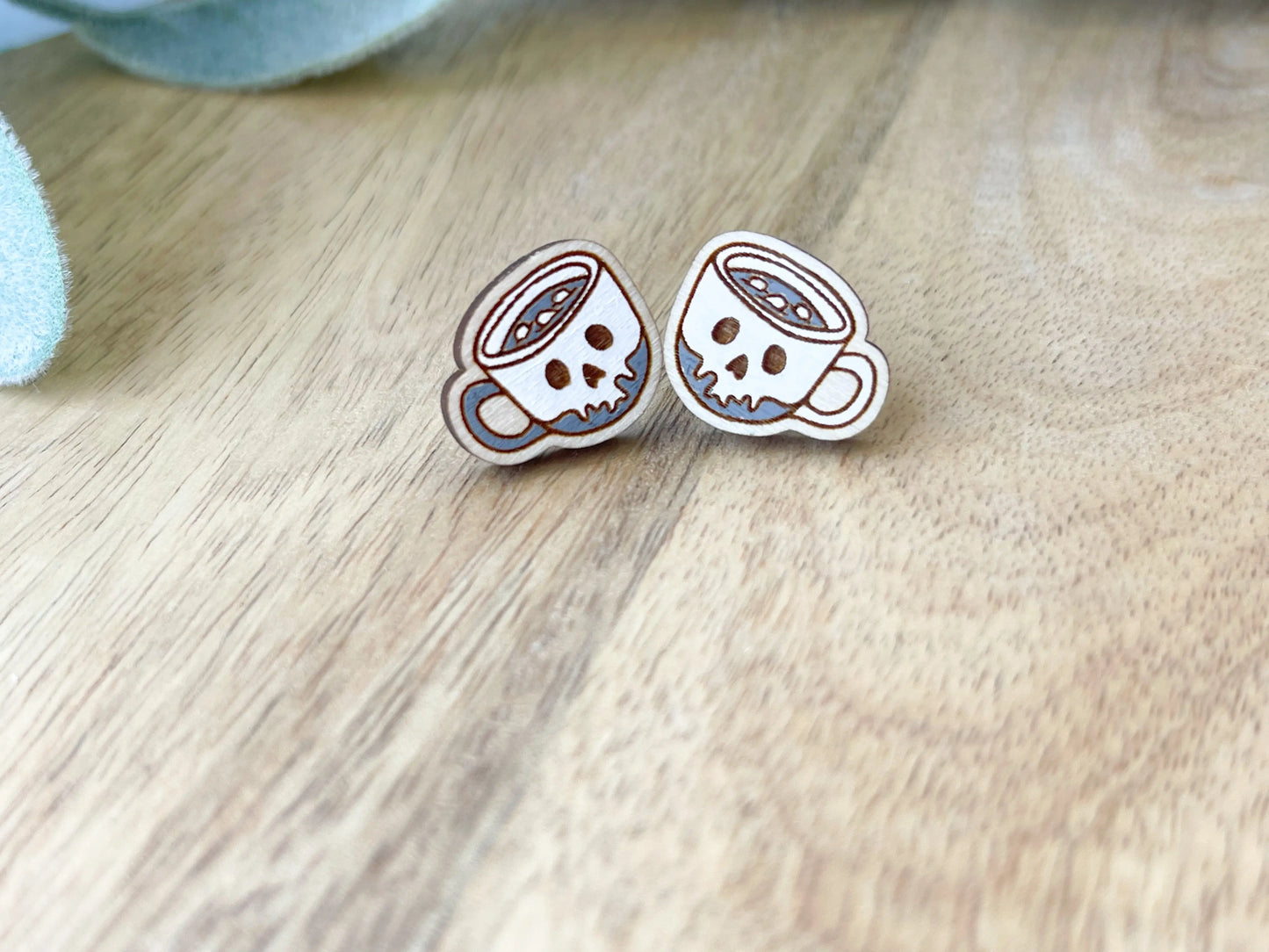 Skull Mug Wood Earring Studs