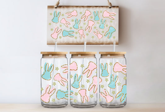 Blue and Pink Bunnies with Faux Gold Glitter Outline | UVDTF Decal