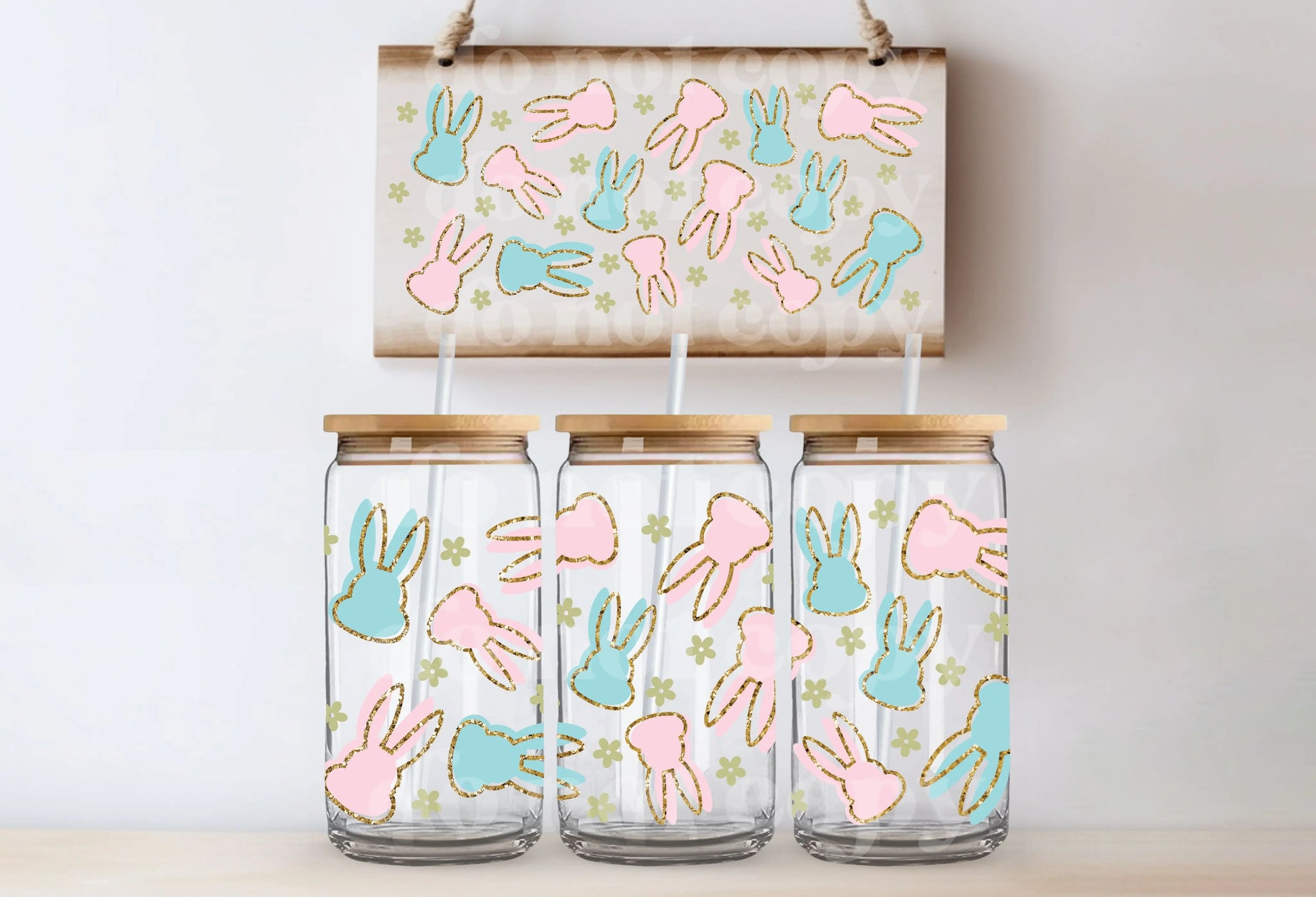Blue and Pink Bunnies with Faux Gold Glitter Outline | UVDTF Decal - Hey There Crafty LLC