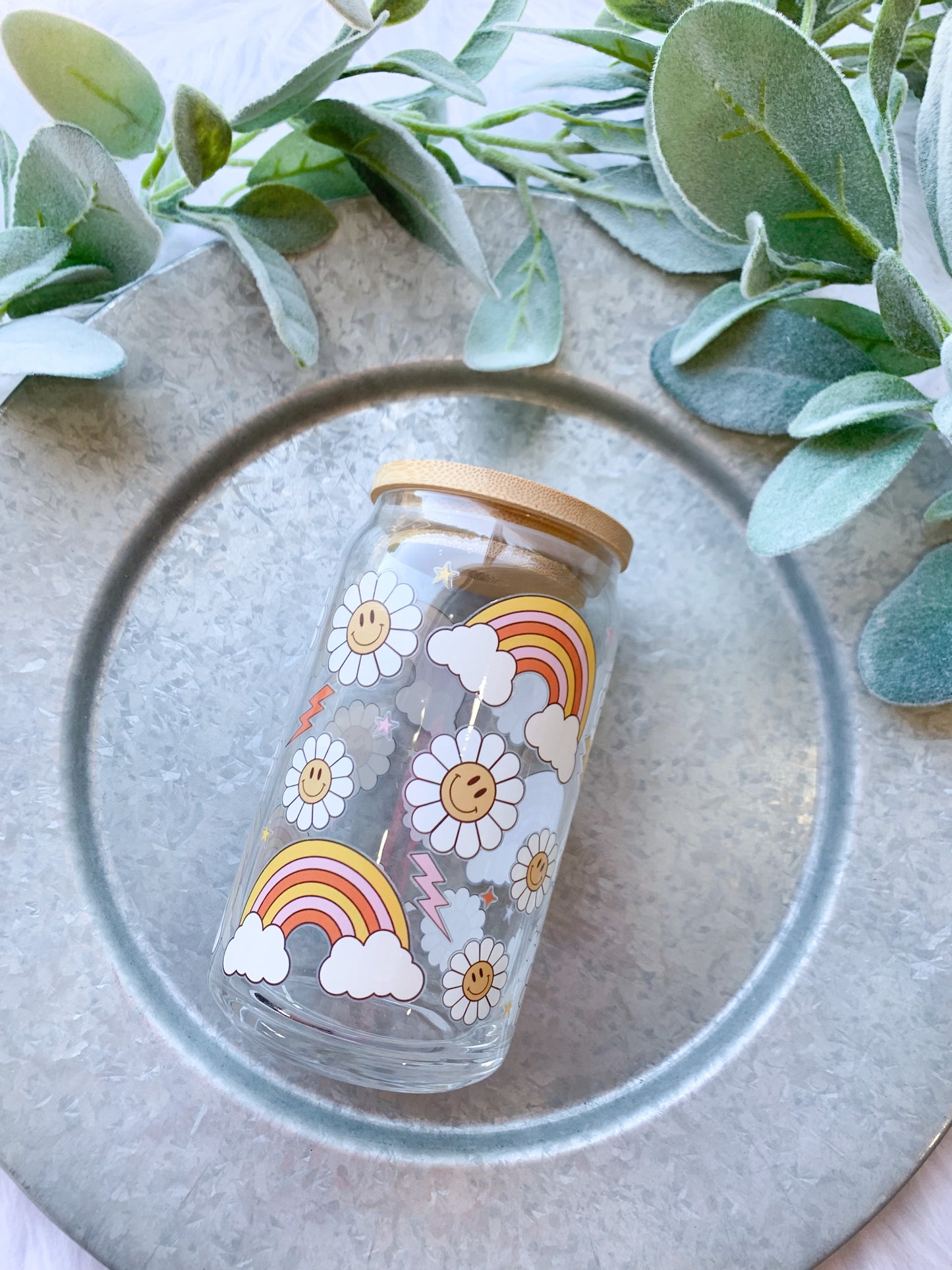 Daisies and Rainbows | 16 oz Glass Can with Lid & Straw