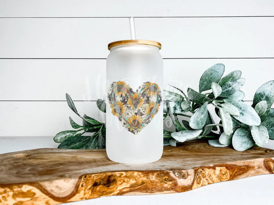 Cowhide Sunflower Heart | 16 oz Glass Can with Lid & Straw