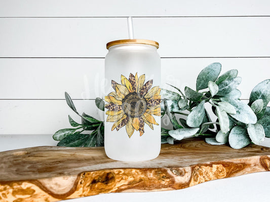 Leopard Sunflower | 16 oz Glass Can with Lid & Straw