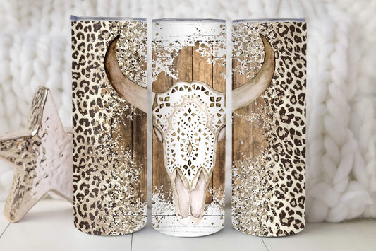 Rustic Skull with Leopard Print | 20oz Tumbler with Straw