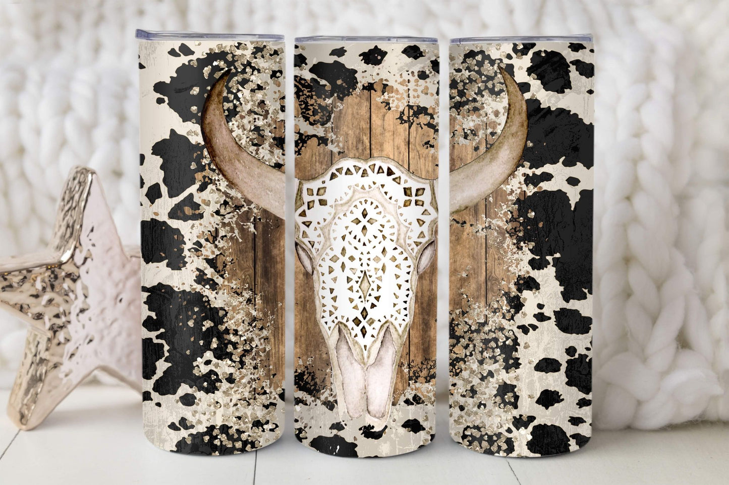 Rustic Skull with Cowhide | 20oz Tumbler with Straw