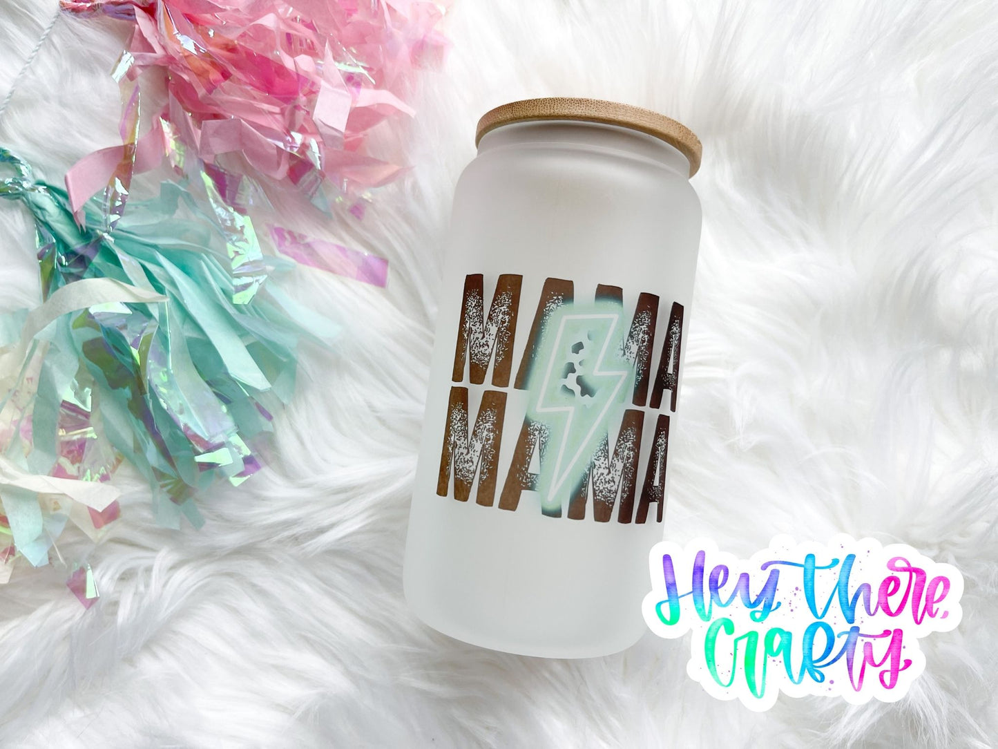Mama - Cow Lightning Bolt | 16 oz Glass Can with Lid & Straw