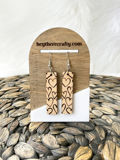 Heart Engraved Wood Bar Earrings