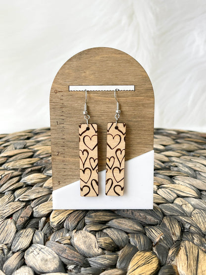 Heart Engraved Wood Bar Earrings