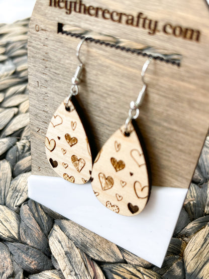 Heart Engraved Wood Teardrop Earrings