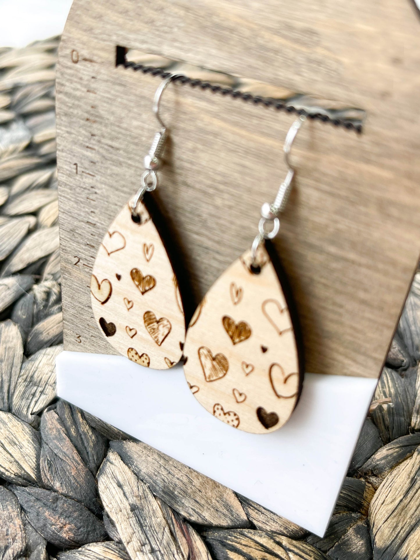 Heart Engraved Wood Teardrop Earrings