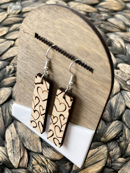 Heart Engraved Wood Bar Earrings