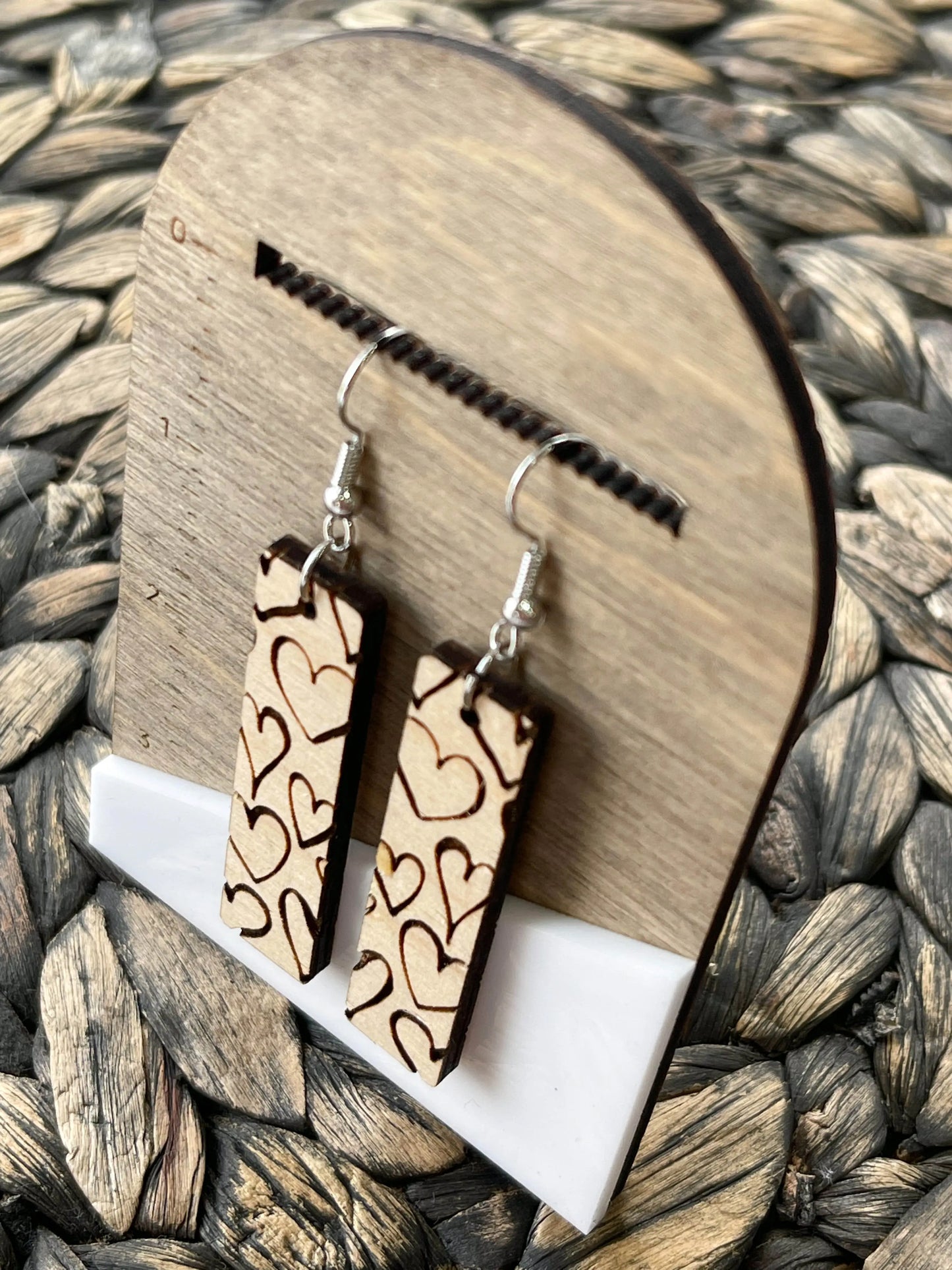 Heart Engraved Wood Bar Earrings - Hey There Crafty LLC