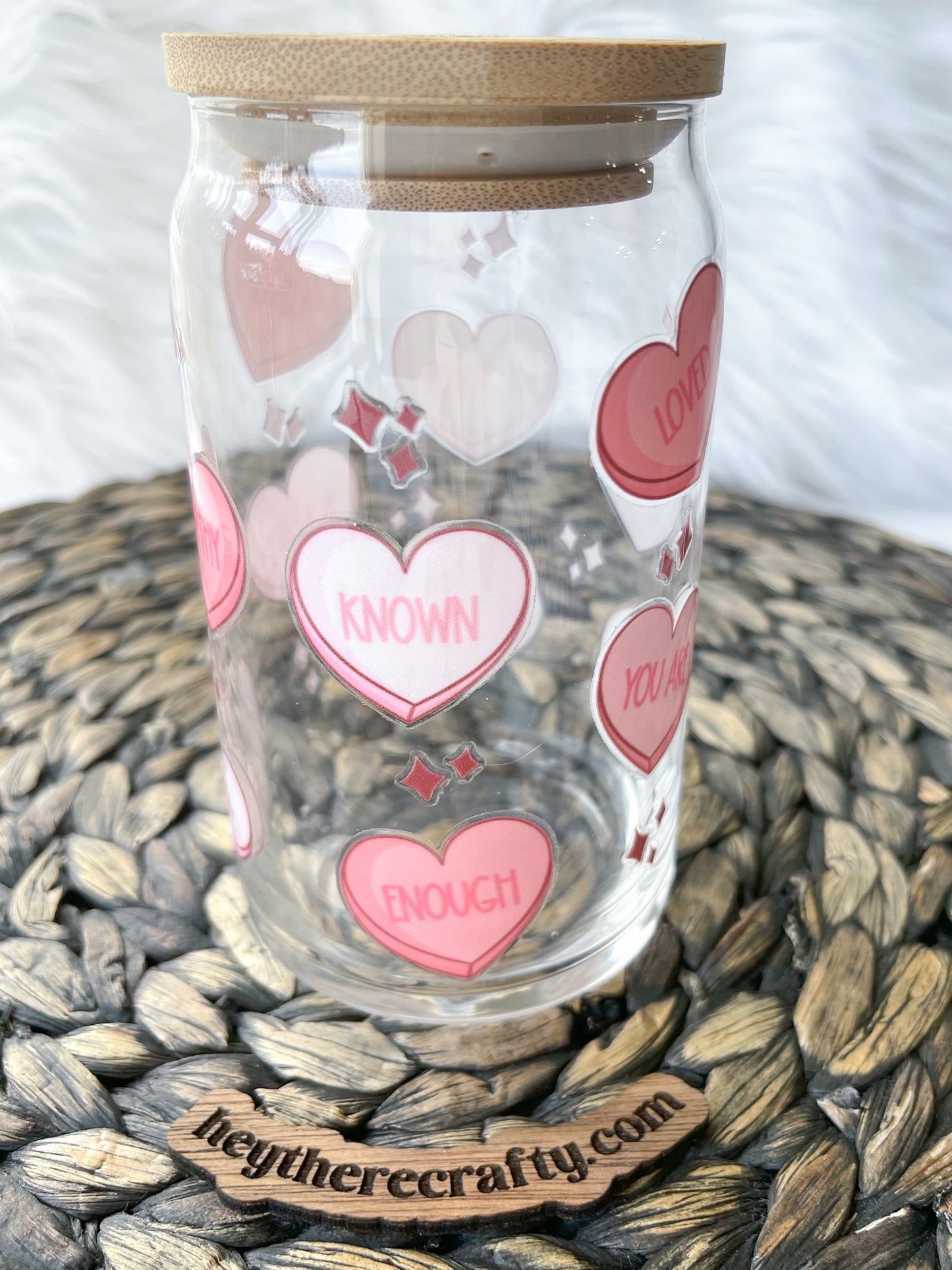 Positive Affirmation Hearts | 16 oz Glass Can with Lid & Straw