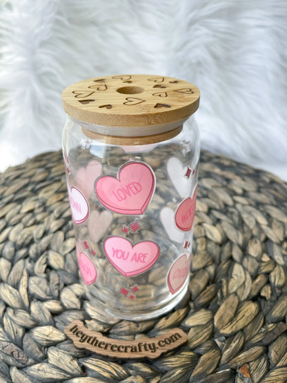 Positive Affirmation Hearts | 16 oz Glass Can with Lid & Straw