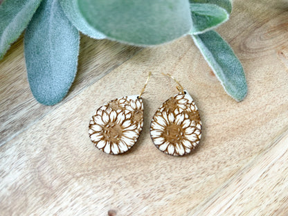 Engraved Sunflower Teardrop Earrings